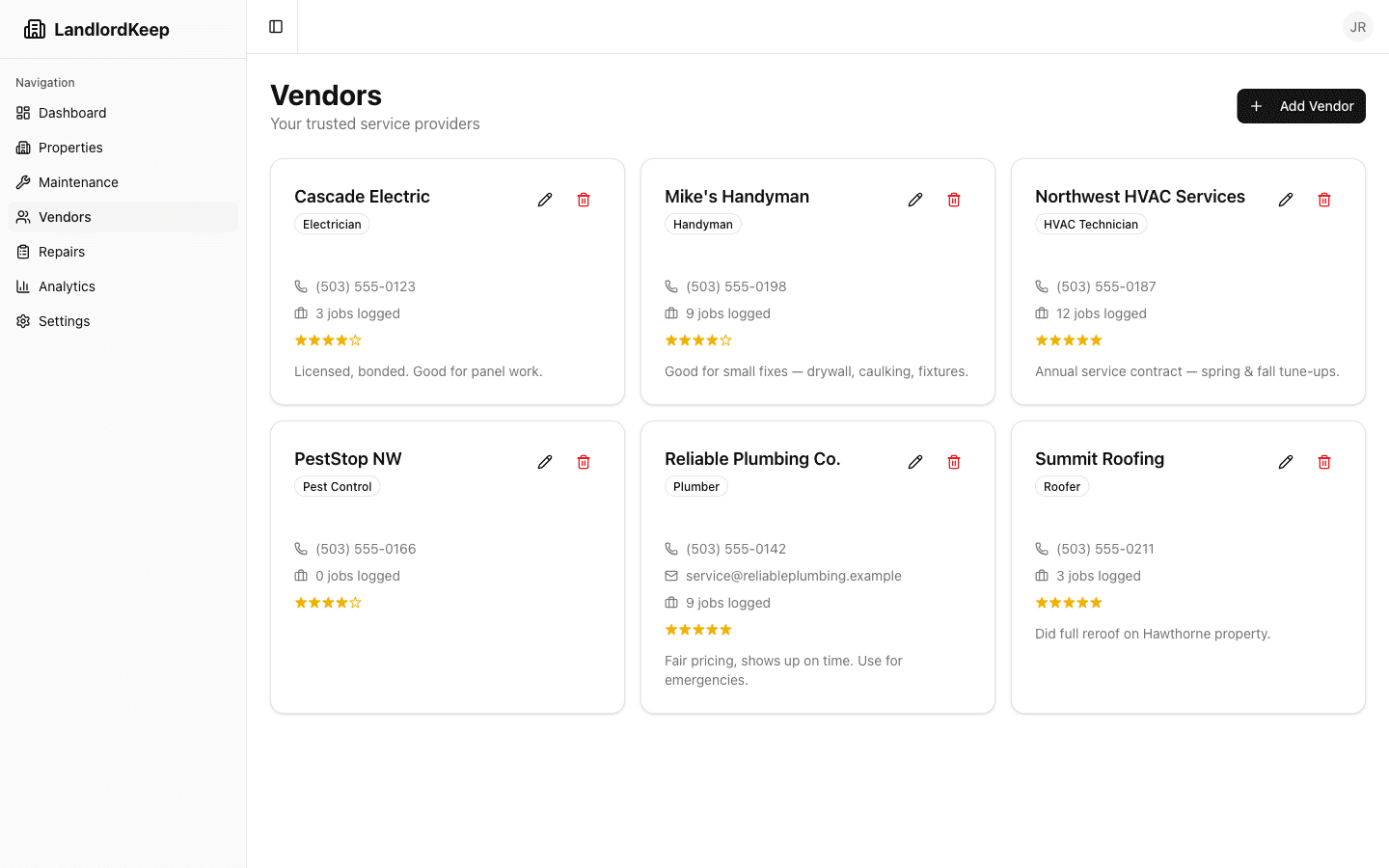 Vendor directory cards showing contact info, trade, ratings, and job counts